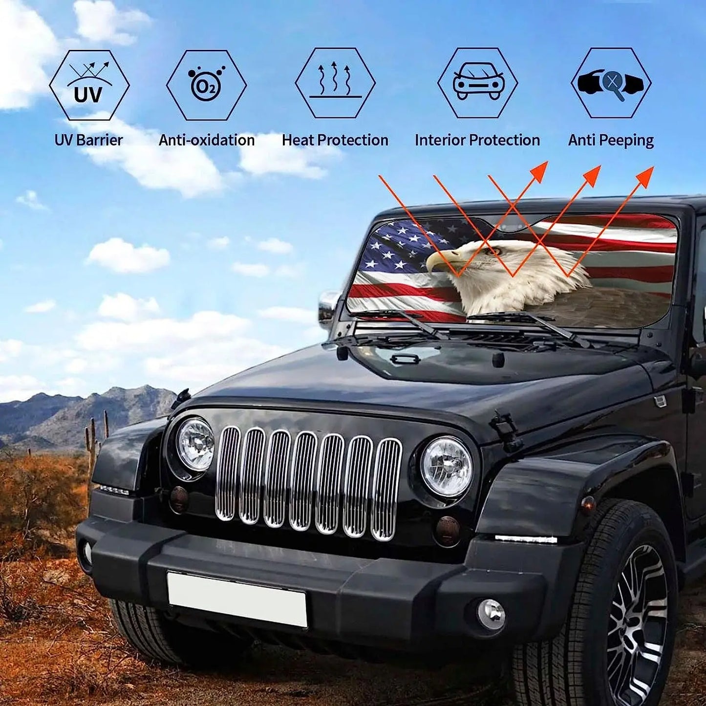 American Flag Eagle Staring Front Windshield Sun Shade Auto Sunshade for Car Truck SUV Blocks UV Rays Sun Visor Protector