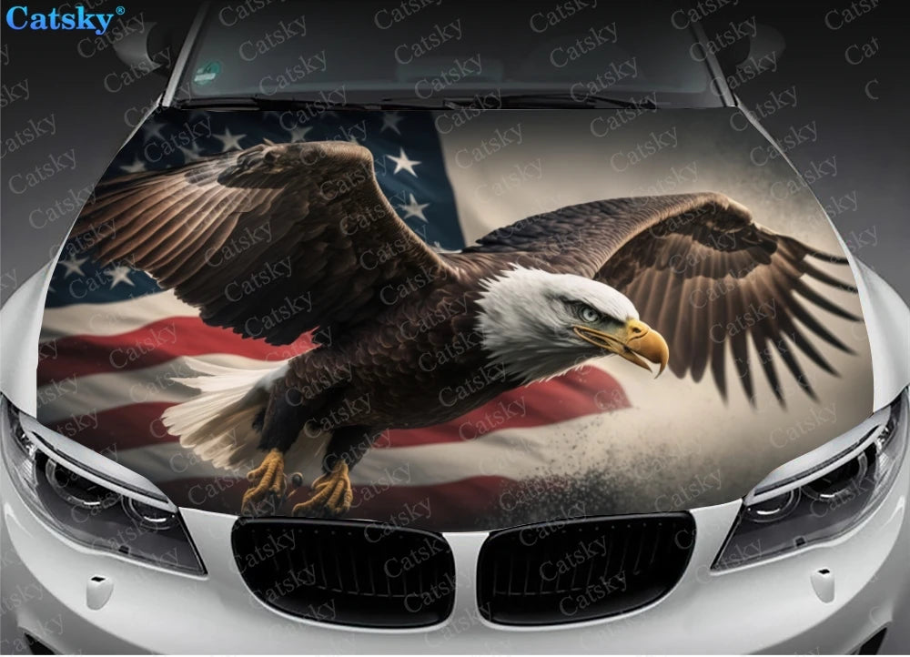 Bald Eagle with USA Flag Animal Car Hood Vinyl Stickers Wrap Vinyl Film Engine Cover Decals Sticker on Car Auto Accessories