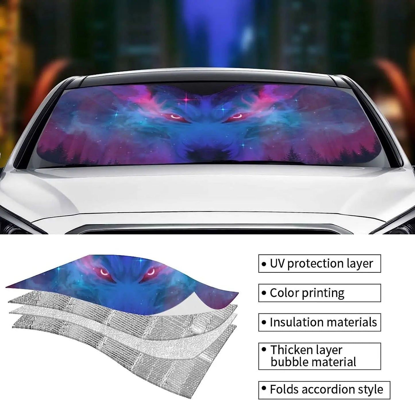 Cool Wolf Car Windshield Sun Shade Blocks Uv Sun Visor Protector Auto Sunshade To Keep Vehicle Cool 55X30 Inch Car Sun Shade