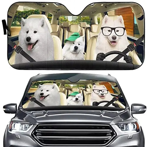 Samoyed Dog Auto Windshield Sun Shade Samoyed Windshield Sun Shade Foldable Dog Print Sunshades for Car SUV Truck to Keep Cool