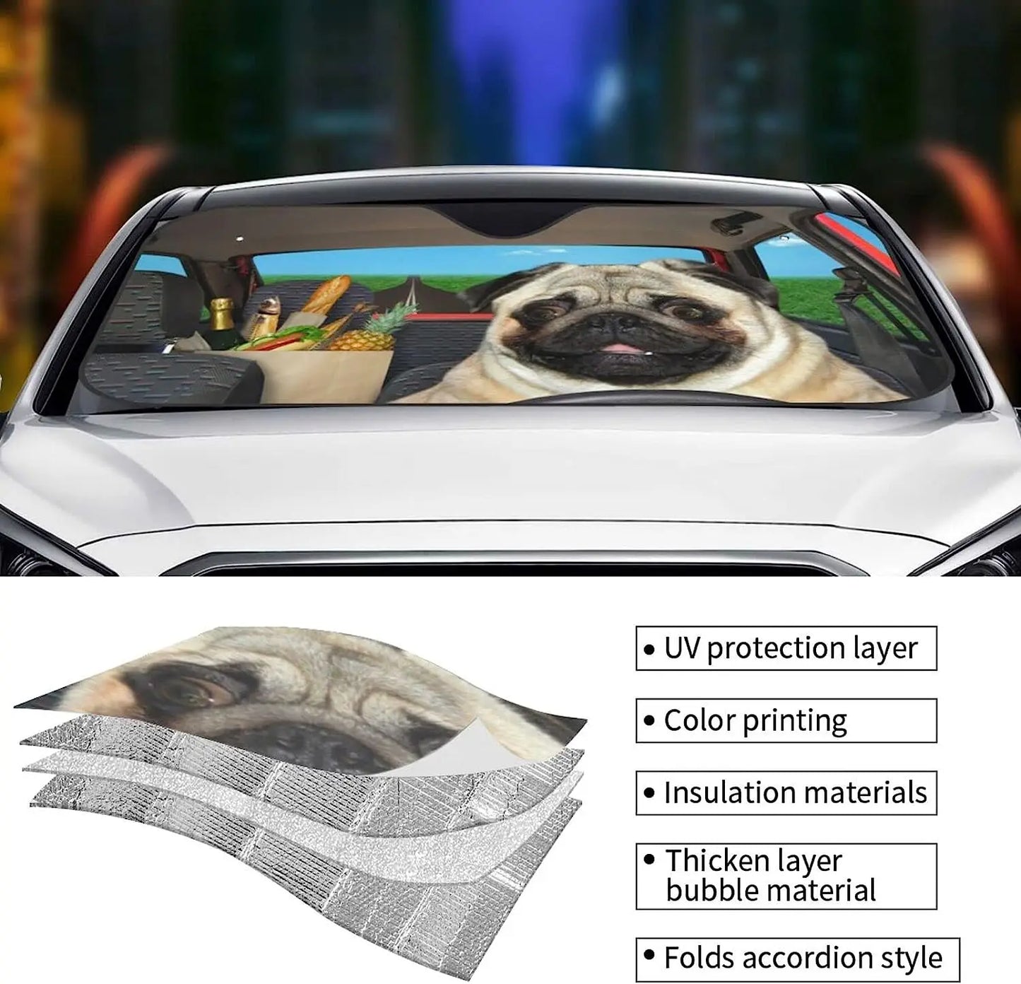 The Pug Dog Anime Windshield Sun Shade for Car SUV Truck Front Window Sun Shade Accessory Visor Protector Shield Cover