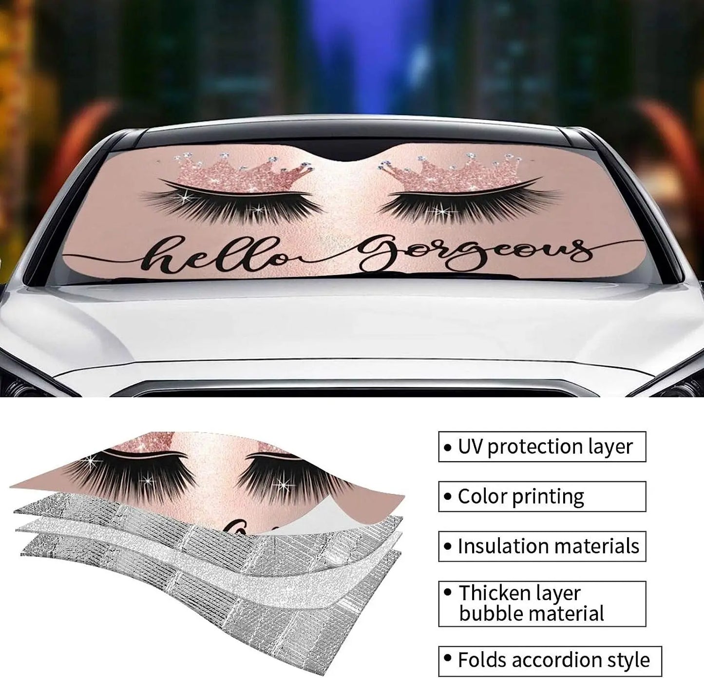 Pink Crown Eyelash Car Windshield Sunshade Front Window Sun Shades Folding Block UV Rays Sun Visor Protector Sun Shield