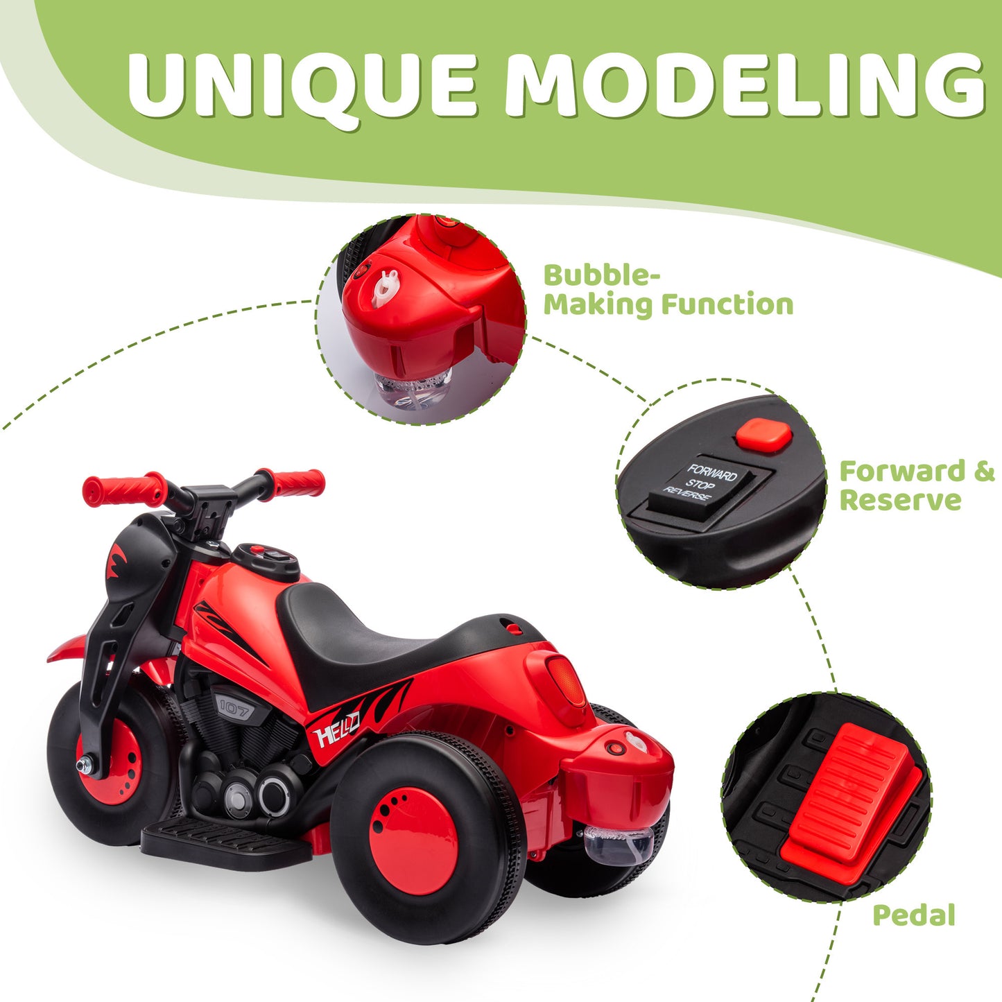 Qaba Ride on Bubble Car, 6V Kids Motorcycle, 3 Wheeled 2 MPH Electric Motorbike for Toddler with LED Headlight, Music, Forward & Reserve, Red