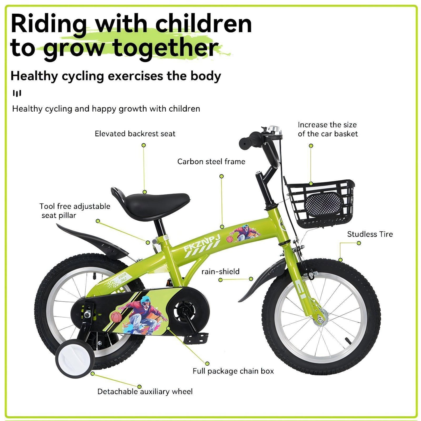 FKZNPJ 16 inch sporty kids bike with training wheels and stand Adjustable saddle Suitable for boys and girls aged 4-8 years tall Height 41-53 inches Available in a variety of colors