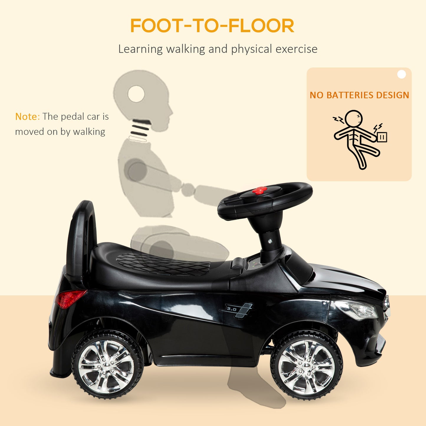 Kids Ride On Push Car, Foot-to-Floor Walking Sliding Toy Car for Toddler with Working Horn, Music, Headlights and Storage, Black