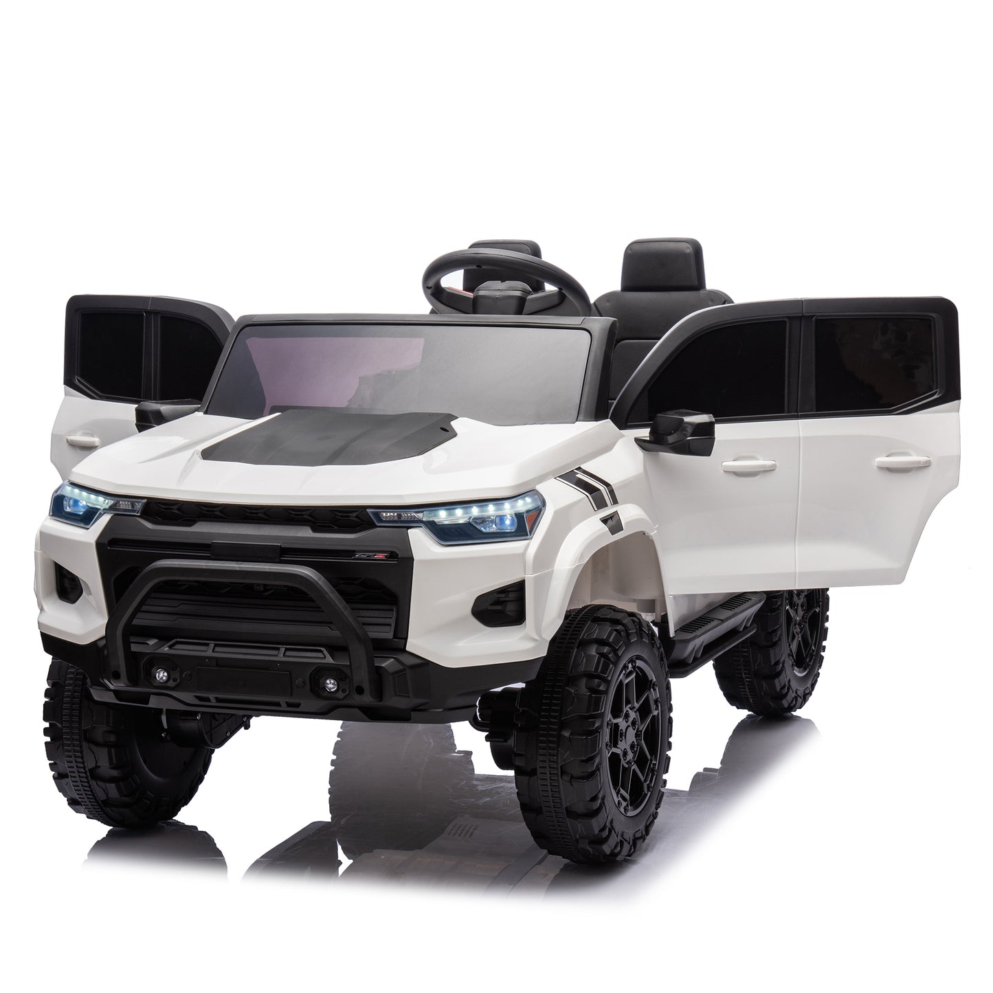 24V10A Two-seater Kids Ride On Electric Pickup, kids ride on toy W/parents remote control,4WD 800W motors,Two Safety belts,High Gate Safety Design,USB,Bluetooth, Speed 2.49-3.73MPH for kids aged 3+.