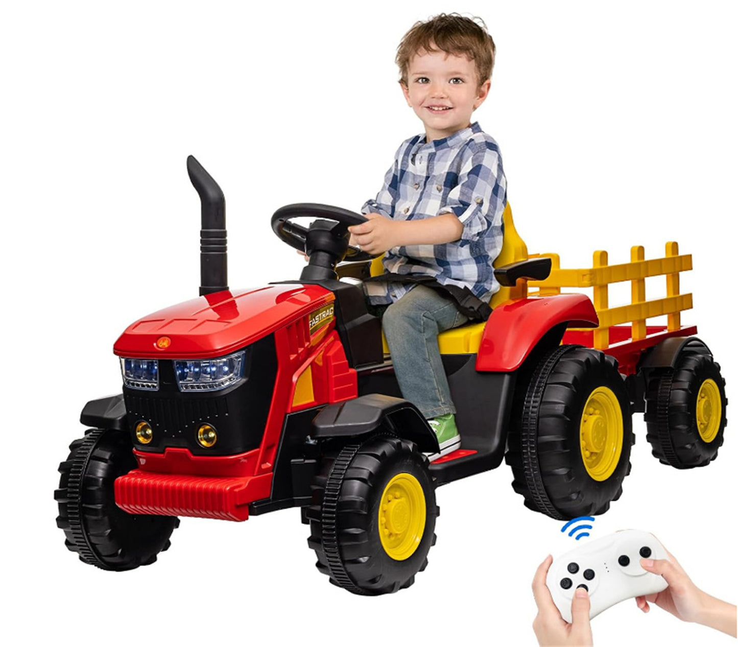 Ride on Tractor, 12 V Battery Powered Electric Vehicle Toy w/Remote Control,music, LED Lights, Removable trailer bucket, Safety Belt