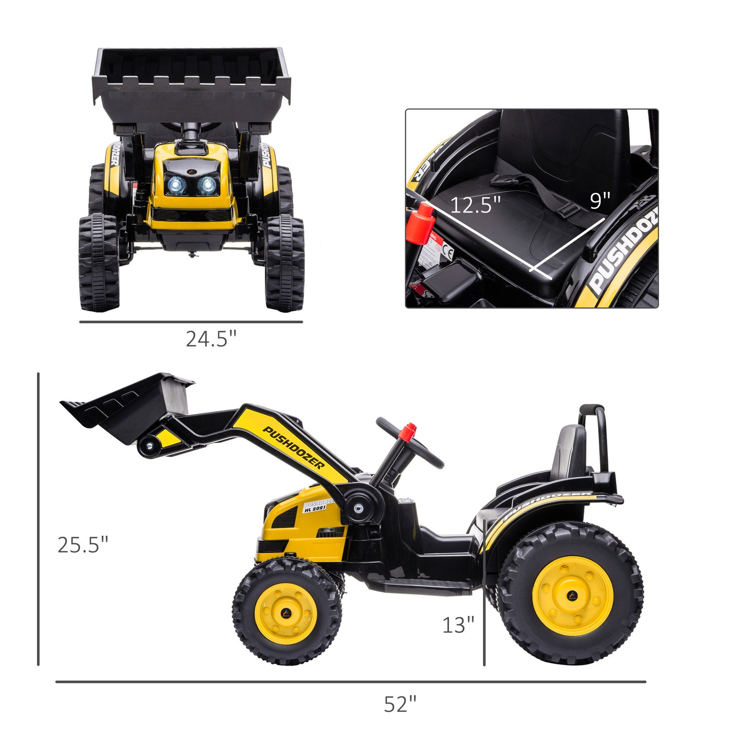 6V Kids Ride on Excavator, Bulldozer, Electric Construction Vehicle, Rechargeable Battery Powered Truck with Adjustable Bucket, High/Low Speed, Realistic Sound and Headlights, Yellow