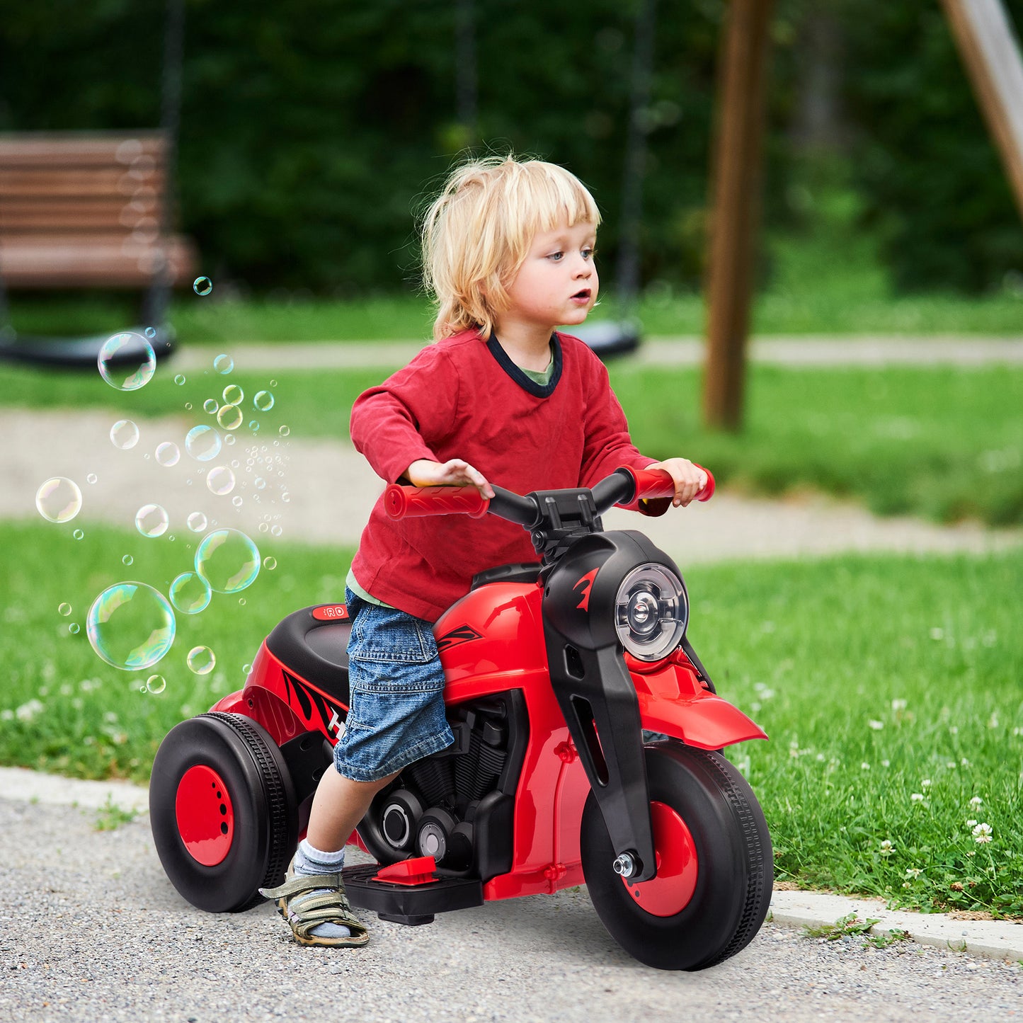 Qaba Ride on Bubble Car, 6V Kids Motorcycle, 3 Wheeled 2 MPH Electric Motorbike for Toddler with LED Headlight, Music, Forward & Reserve, Red