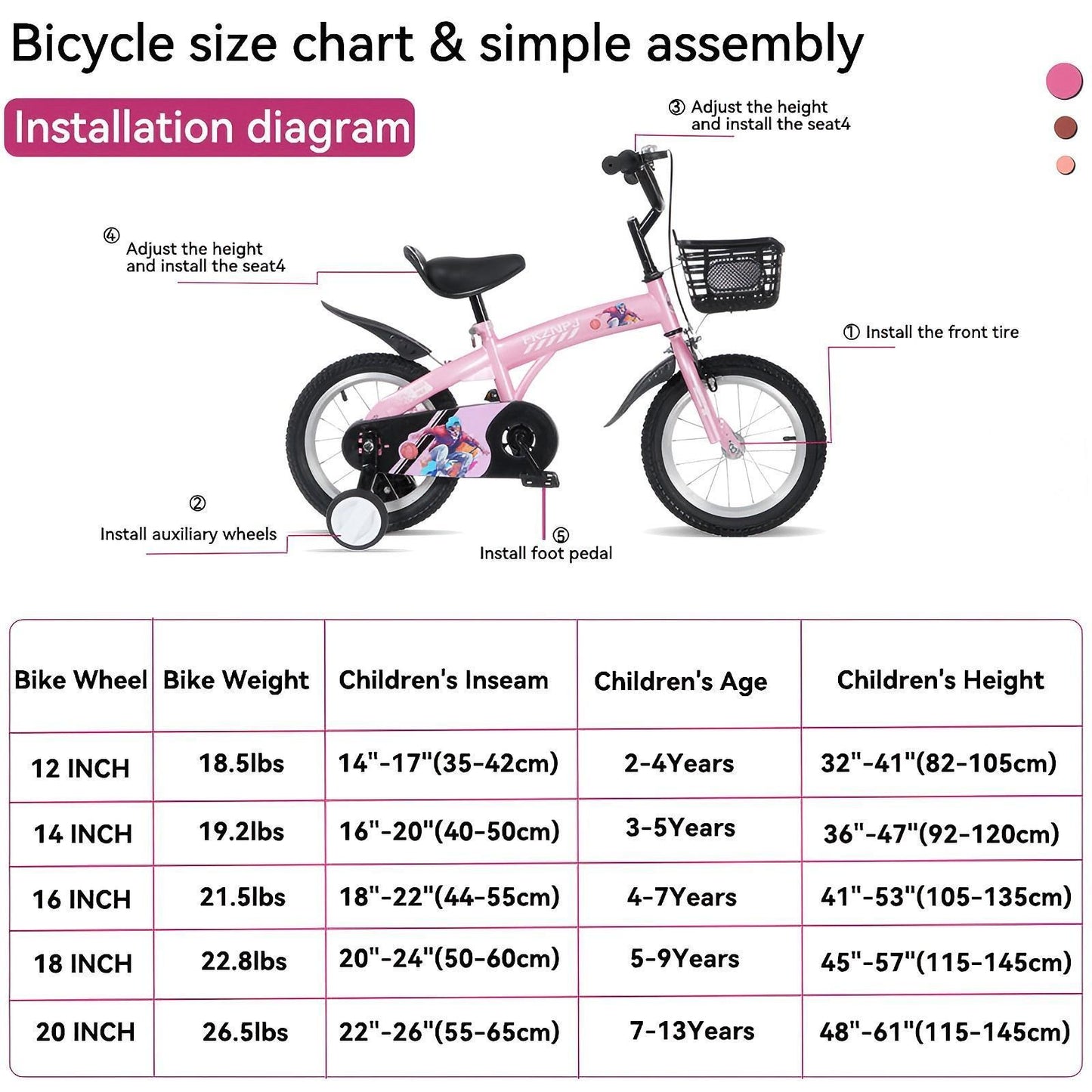 FKZNPJ 18 inch sporty kids bike with training wheels and stand Adjustable saddle Suitable for boys and girls aged 5-10 years tall Height 45-57 inches Available in a variety of colors