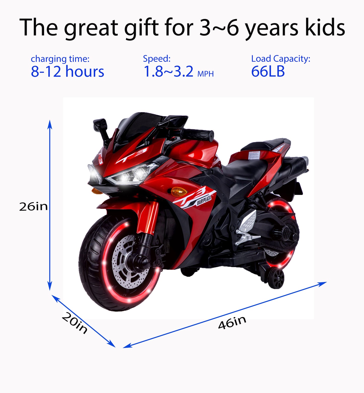 kids motorcycle 12V motorcycle for kids 3 4 5 6 years Boys Girls  12v7ah kids motorcycle ride on toy with Training  Wheels/manual throttle/ drive by hand /Lighting  wheels