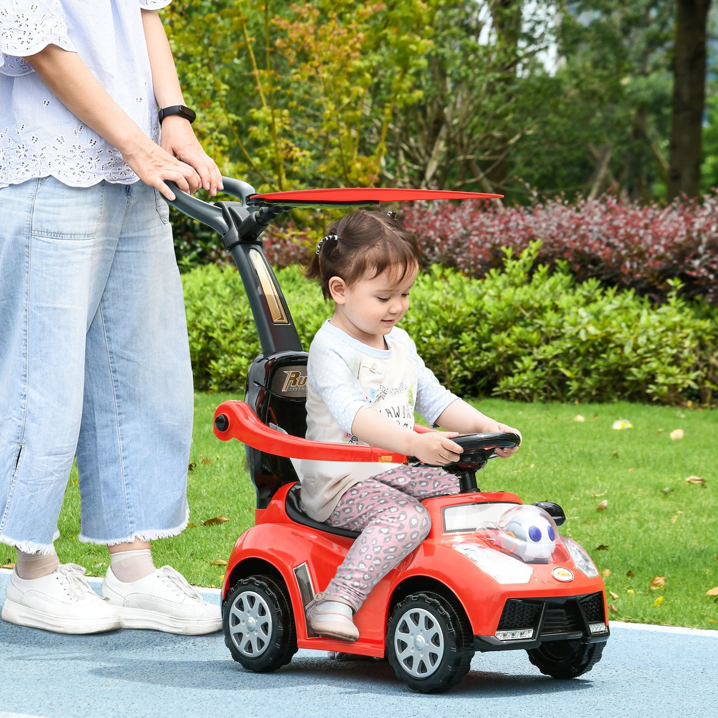 Qaba Push Car for Kids 1-3 Years, 3 in 1 Ride on Sliding Car, Foot to Floor Baby Push Car with Removable Handle, Music, Horn, Canopy, Safety Guardrail for Boys and Girls, Red