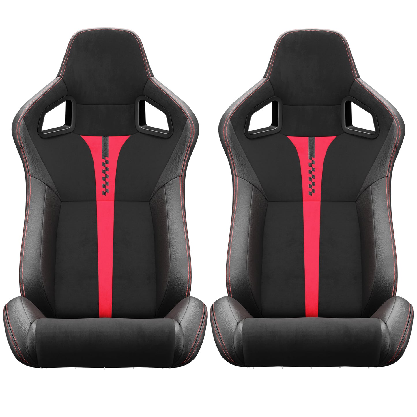 2PC New Universal Bucket Racing Seats Red Stitch Red PVC Leather Reclinable Carbon Look Leather Back With Adjustor Slider(Not Including Seat Bracket ) 1 box of 2 pieces