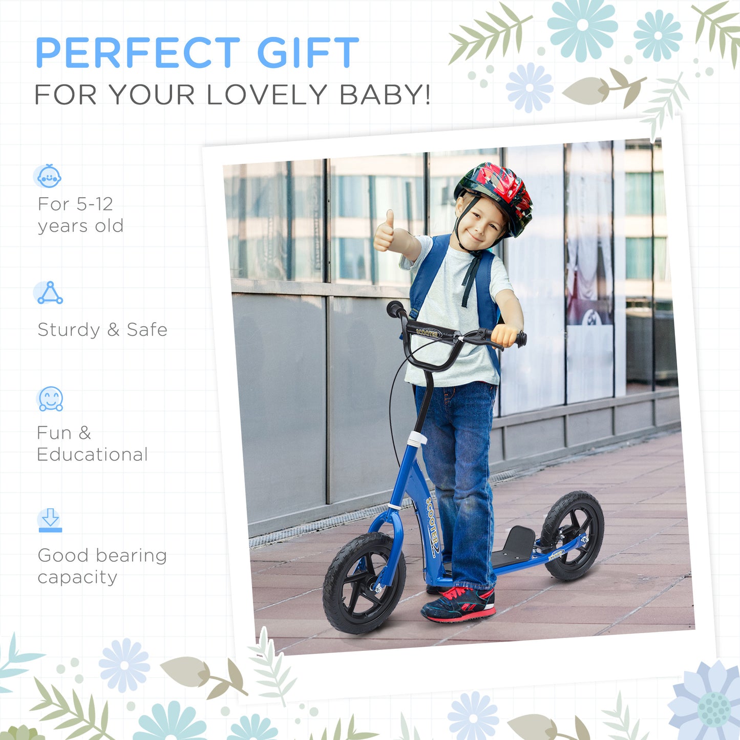 HOMCOM Kick Scooter for Kids 5-12 Years Old, Big Wheel Kids Scooter with Adjustable Height Handlebar, Non-slip Footplate, Rear Brake, Blue