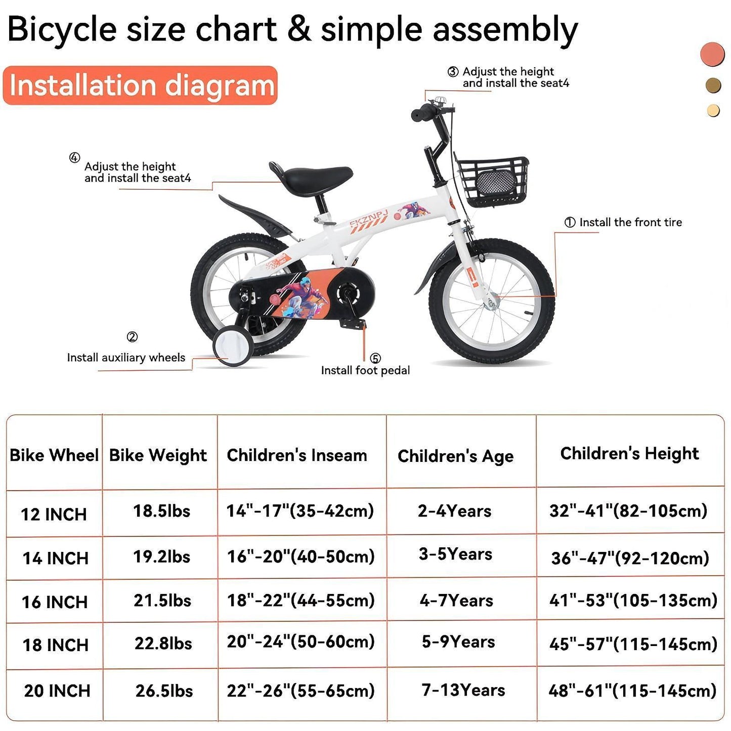 FKZNPJ 18 inch sporty kids bike with training wheels and stand Adjustable saddle Suitable for boys and girls aged 5-10 years tall Height 45-57 inches Available in a variety of colors