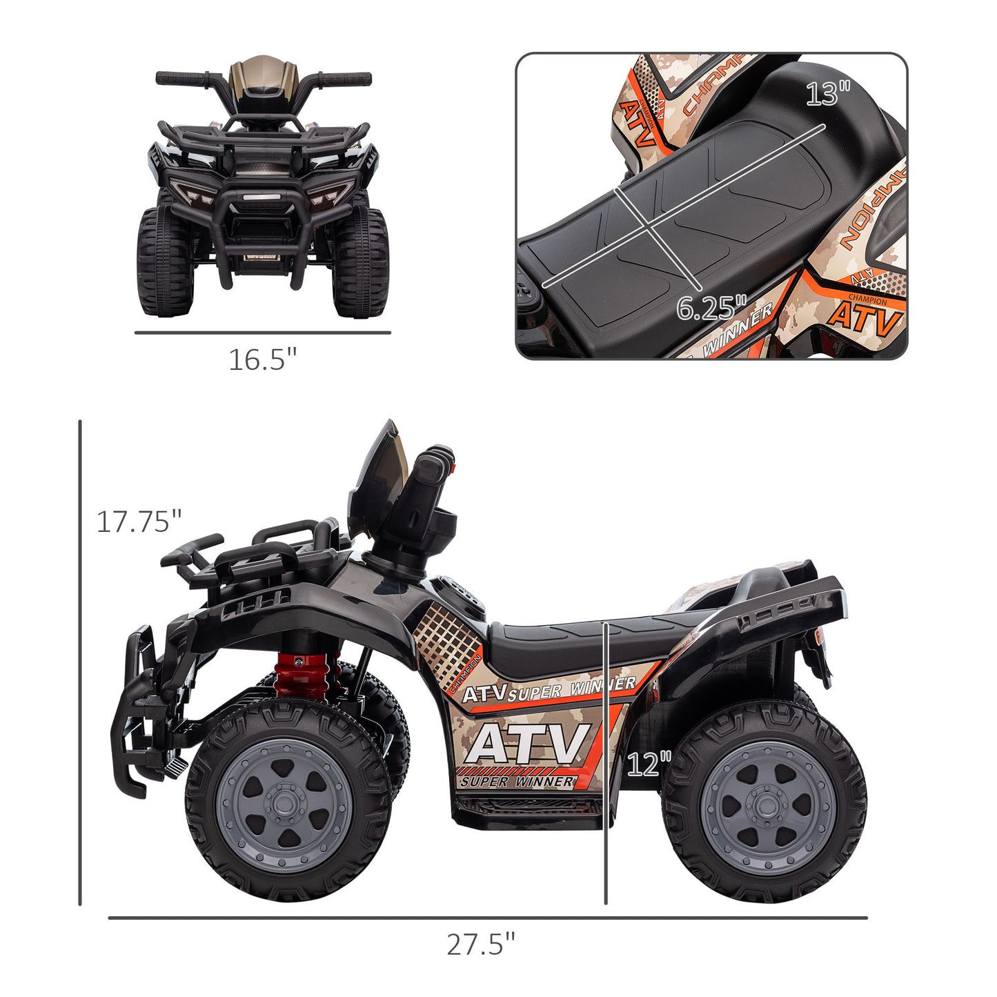 Kids ATV Four Wheeler  Ride on Car, Motorized Quad, 6V Battery Powered Electric Quad with Songs for 18-36 Months, Black