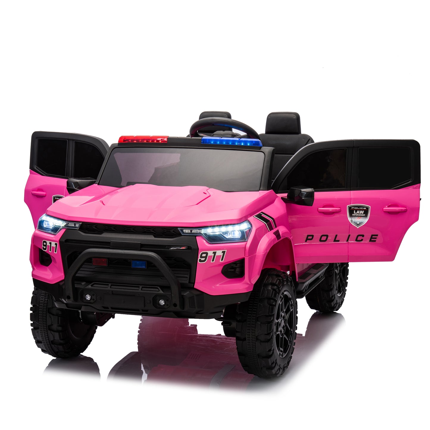 24V Two-seater Kids Ride On Electric Pickup,kids ride on toy W/parents remote control,4WD 800W motors,Two Safety Belts,High Gate Safety Design,Top warning light, Speed 2.49-3.73MPH for kids aged 3+.