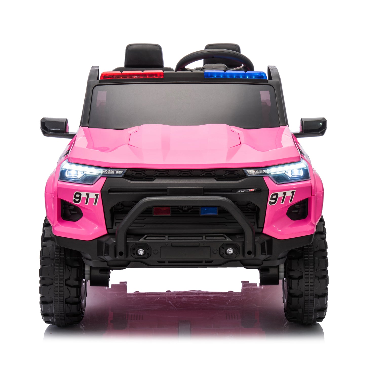 24V Two-seater Kids Ride On Electric Pickup,kids ride on toy W/parents remote control,4WD 800W motors,Two Safety Belts,High Gate Safety Design,Top warning light, Speed 2.49-3.73MPH for kids aged 3+.