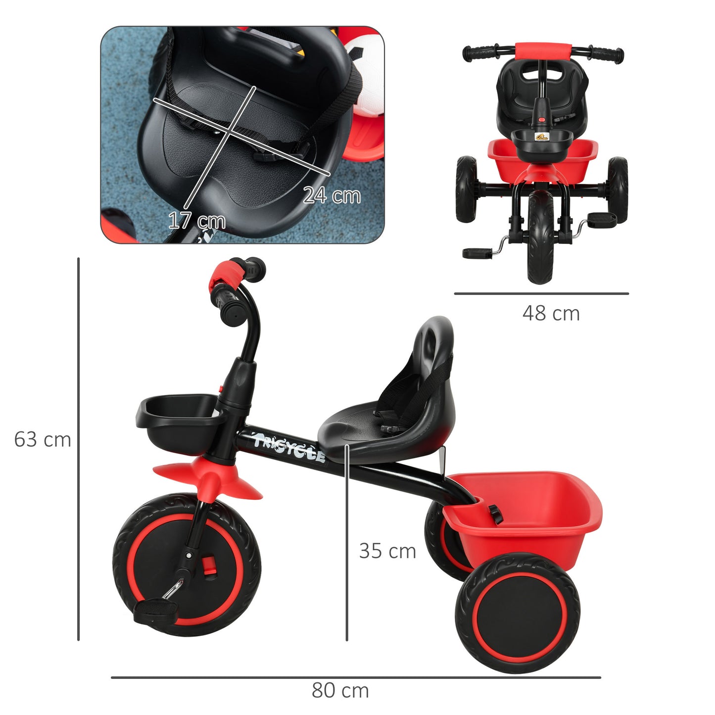 Qaba Tricycle for Toddlers Age 2-5 with Adjustable Seat, Toddler Bike with Storage Baskets for Girls and Boys, Red