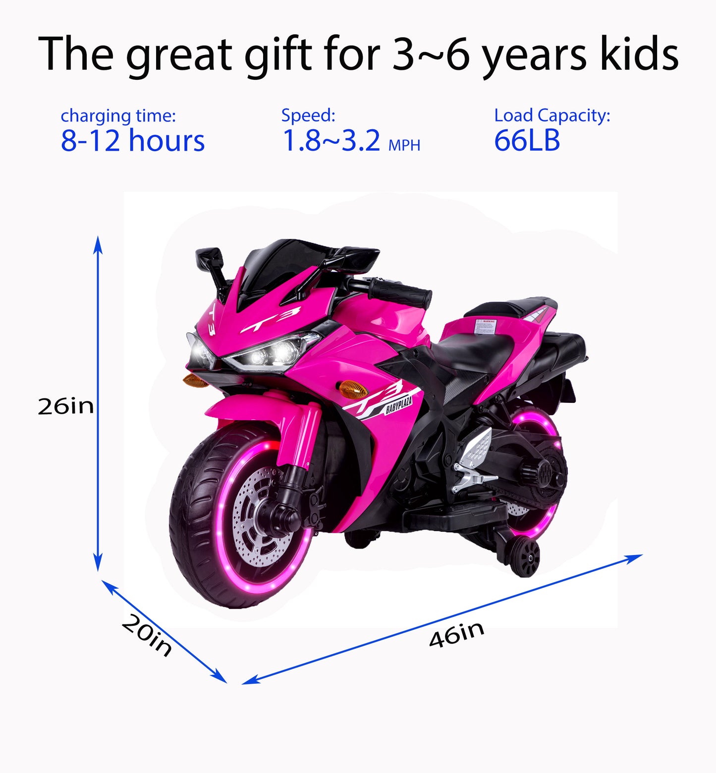 kids motorcycle,12V motorcycle for kids 3 4 5 6 years Boys Girls  12v7ah kids motorcycle ride on toy with Training  Wheels/manual throttle/ drive by hand /Lighting  wheels