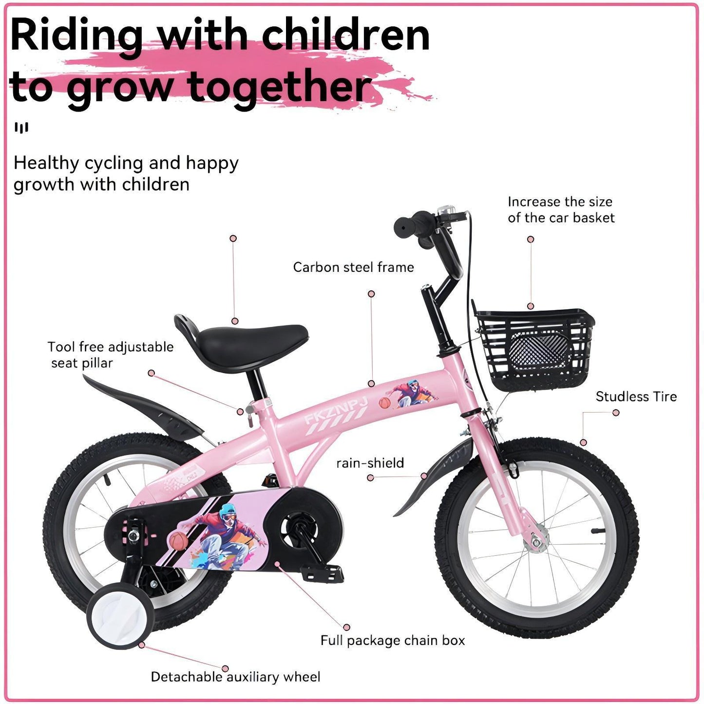 FKZNPJ 18 inch sporty kids bike with training wheels and stand Adjustable saddle Suitable for boys and girls aged 5-10 years tall Height 45-57 inches Available in a variety of colors