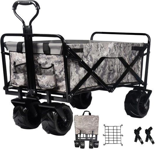 Collapsible Heavy Duty Beach Wagon Cart Outdoor Folding Utility Camping Garden Beach Cart with Universal Wheels Adjustable Handle Shopping(Snow Camouflage)