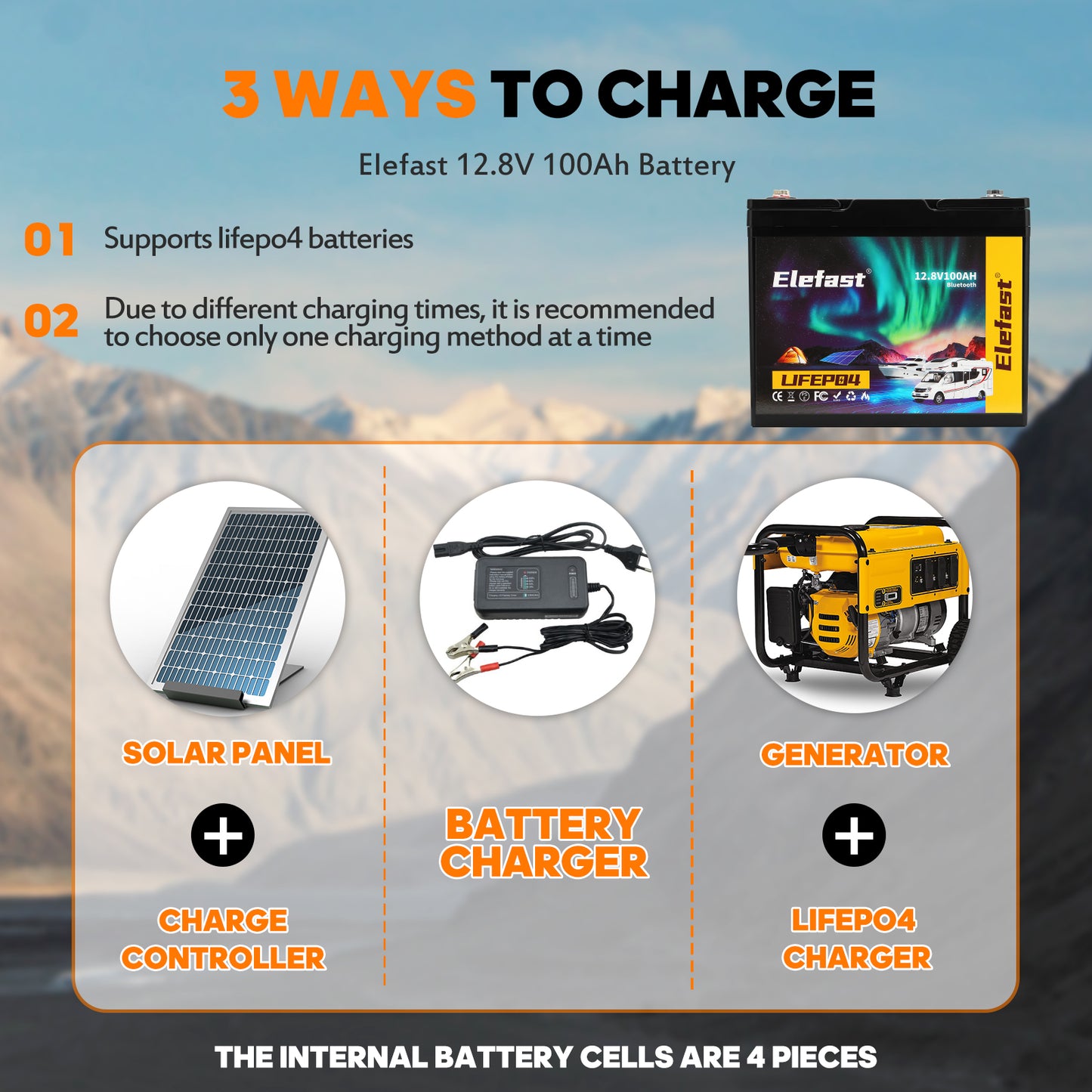 Elefast 12V 100Ah Bluetooth LiFePO4 Lithium Battery, 100A BMS,Low Temperature Protection with Up to 8000 Cycles, Max. 1280Wh Energy LiFePO4 Battery in Small Size, Perfect for RV, Solar, Trolling Motor