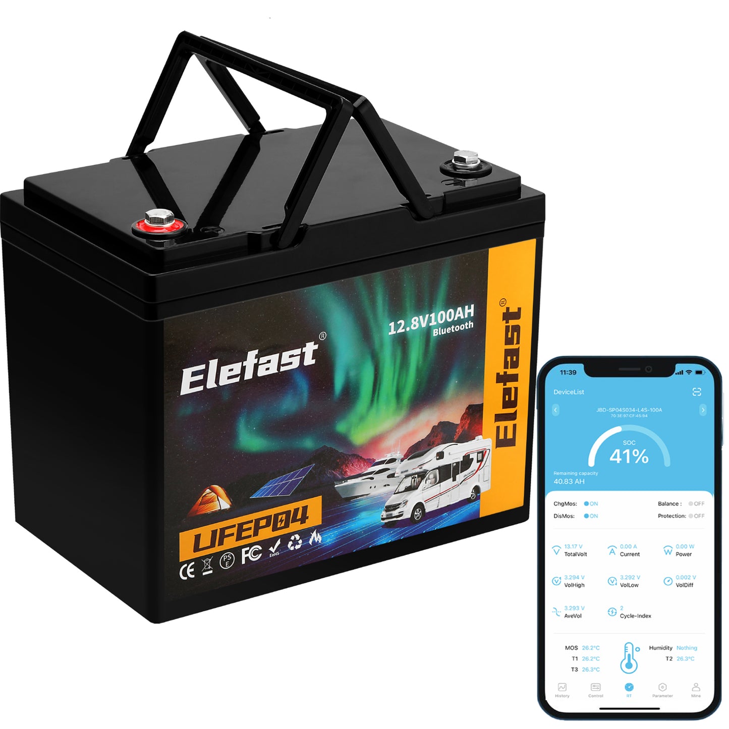 Elefast 12V 100Ah Bluetooth LiFePO4 Lithium Battery, 100A BMS,Low Temperature Protection with Up to 8000 Cycles, Max. 1280Wh Energy LiFePO4 Battery in Small Size, Perfect for RV, Solar, Trolling Motor