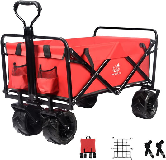 Collapsible Heavy Duty Beach Wagon Cart Outdoor Folding Utility Camping Garden Beach Cart with Universal Wheels Adjustable Handle Shopping(Red)